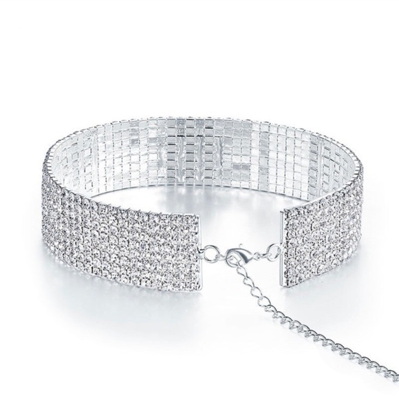 Disco 12 Row White Rhinestone Soft-Mesh Adjustable Choker - Picture 8 of 17